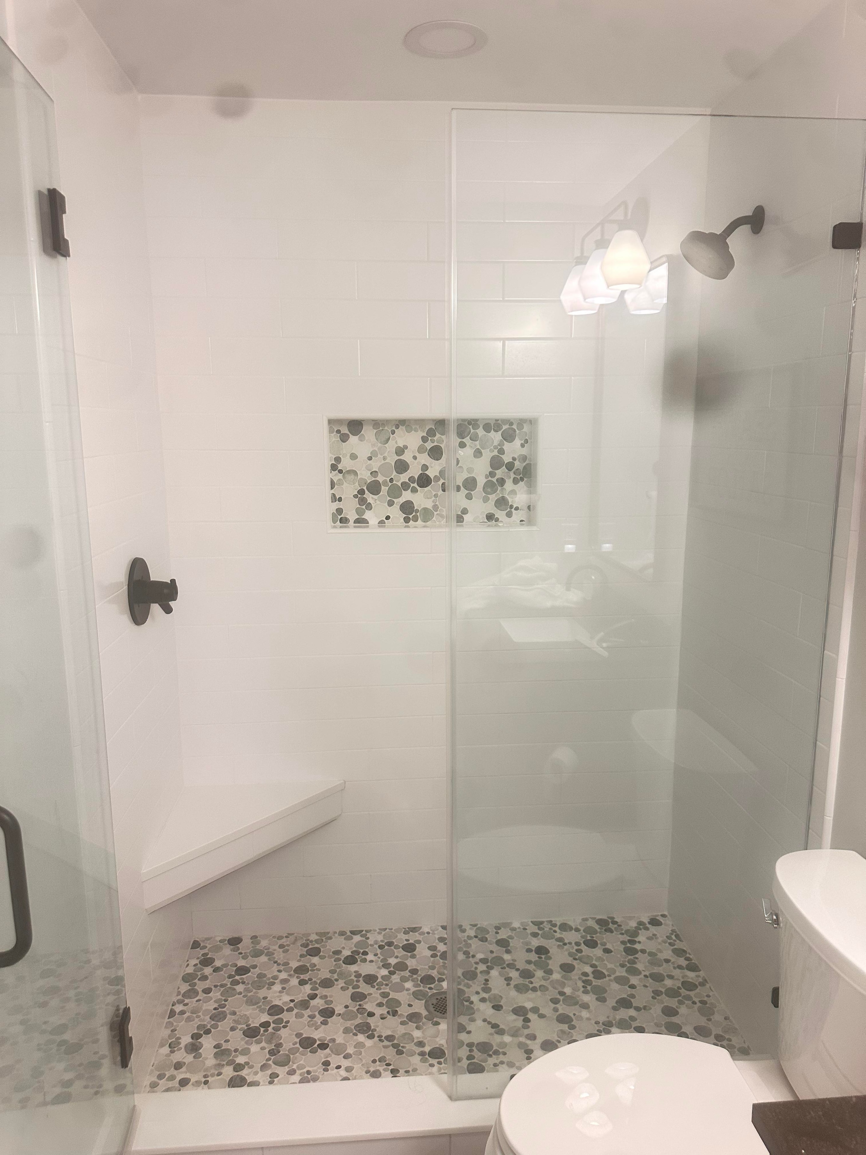 Bathroom with dark wood double vanity